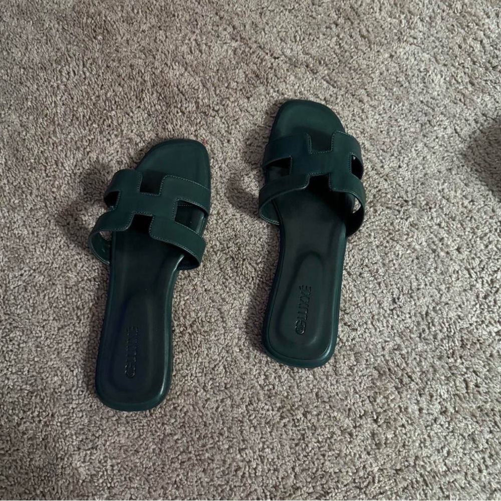 Dark green H-strap slide sandals